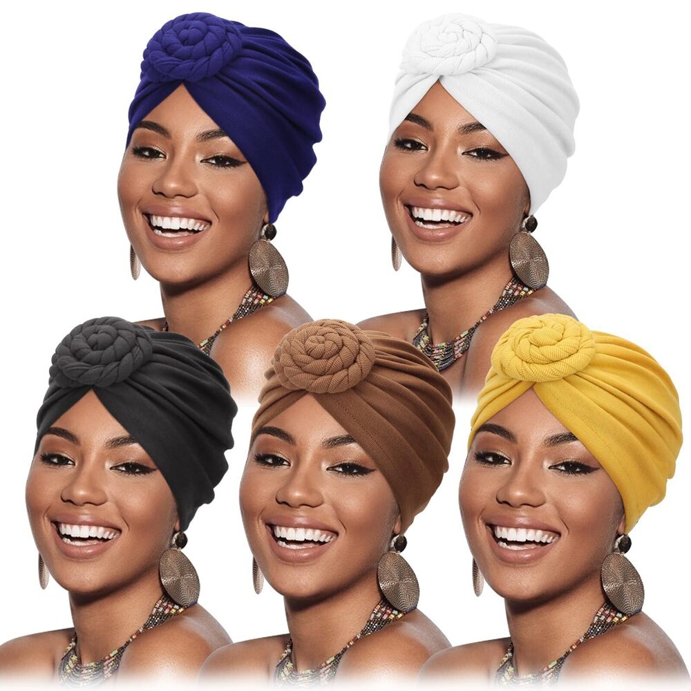 7838 5 Pack Knotted Headwraps for Black African Turban Pre-Knotted Beanie